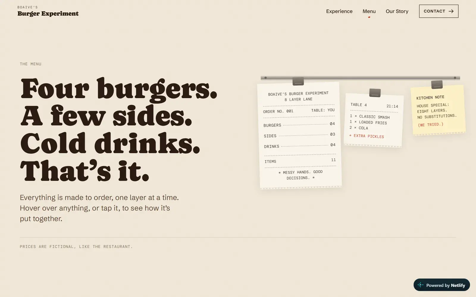 Menu page: “Four burgers. A few sides. Cold drinks.” with order tickets pinned to a rail