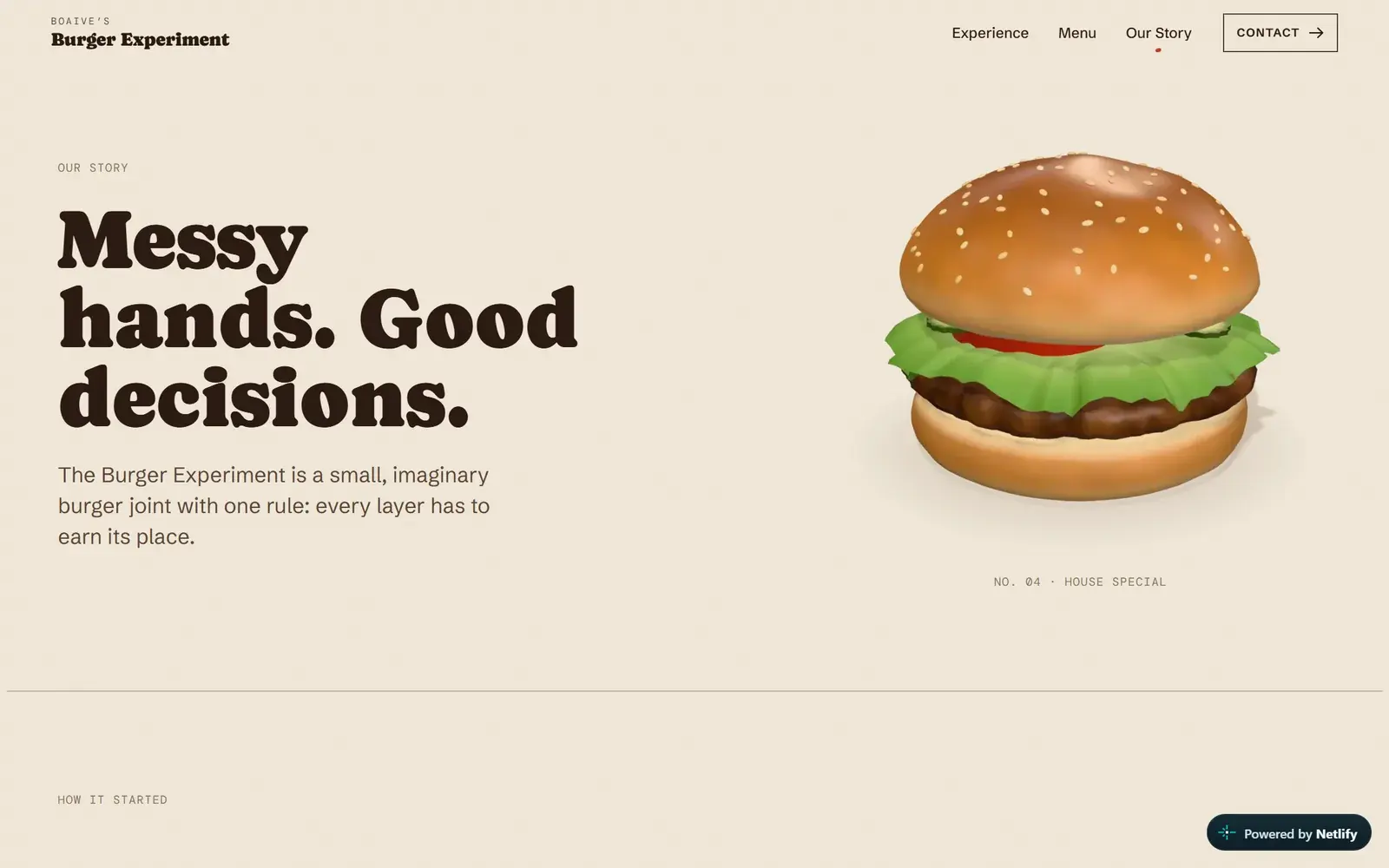 Story page: “Messy hands. Good decisions.” beside a 3D burger