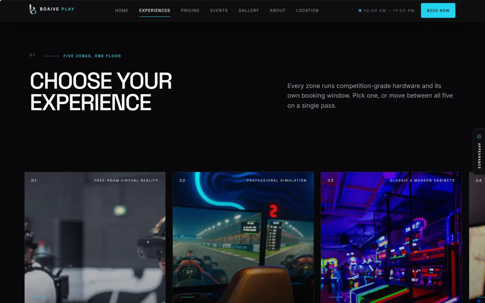 Arena experiences section listing five zones with prices
