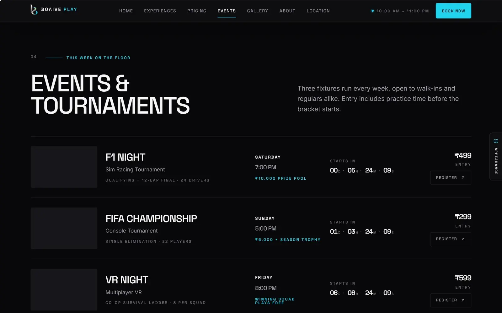 Arena weekly events with live countdowns