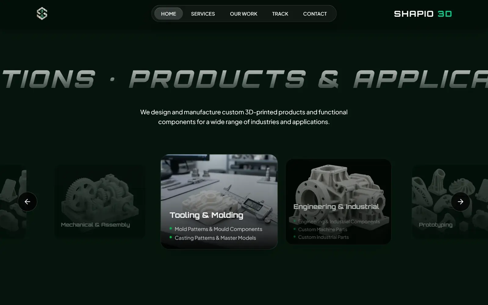 Shapio 3D products and applications carousel with tooling and engineering categories