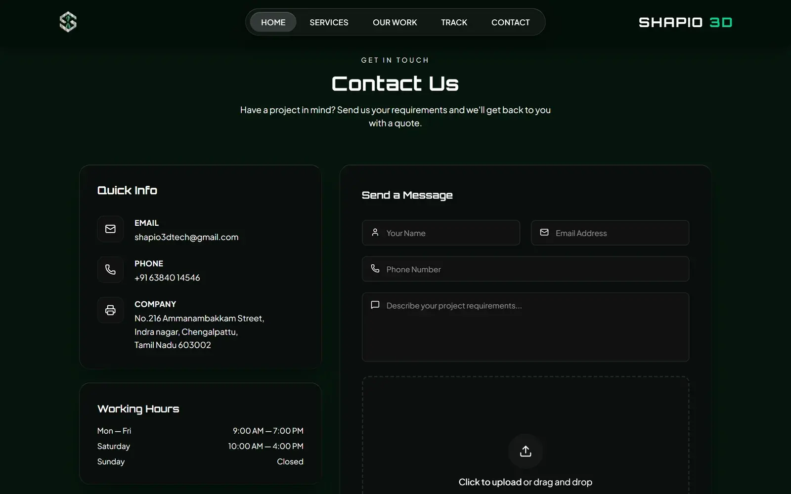 Shapio 3D contact section with quote form and 3D file upload