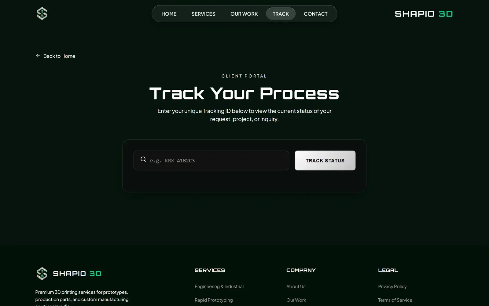 Shapio 3D client portal where customers enter a tracking ID to see their request's status